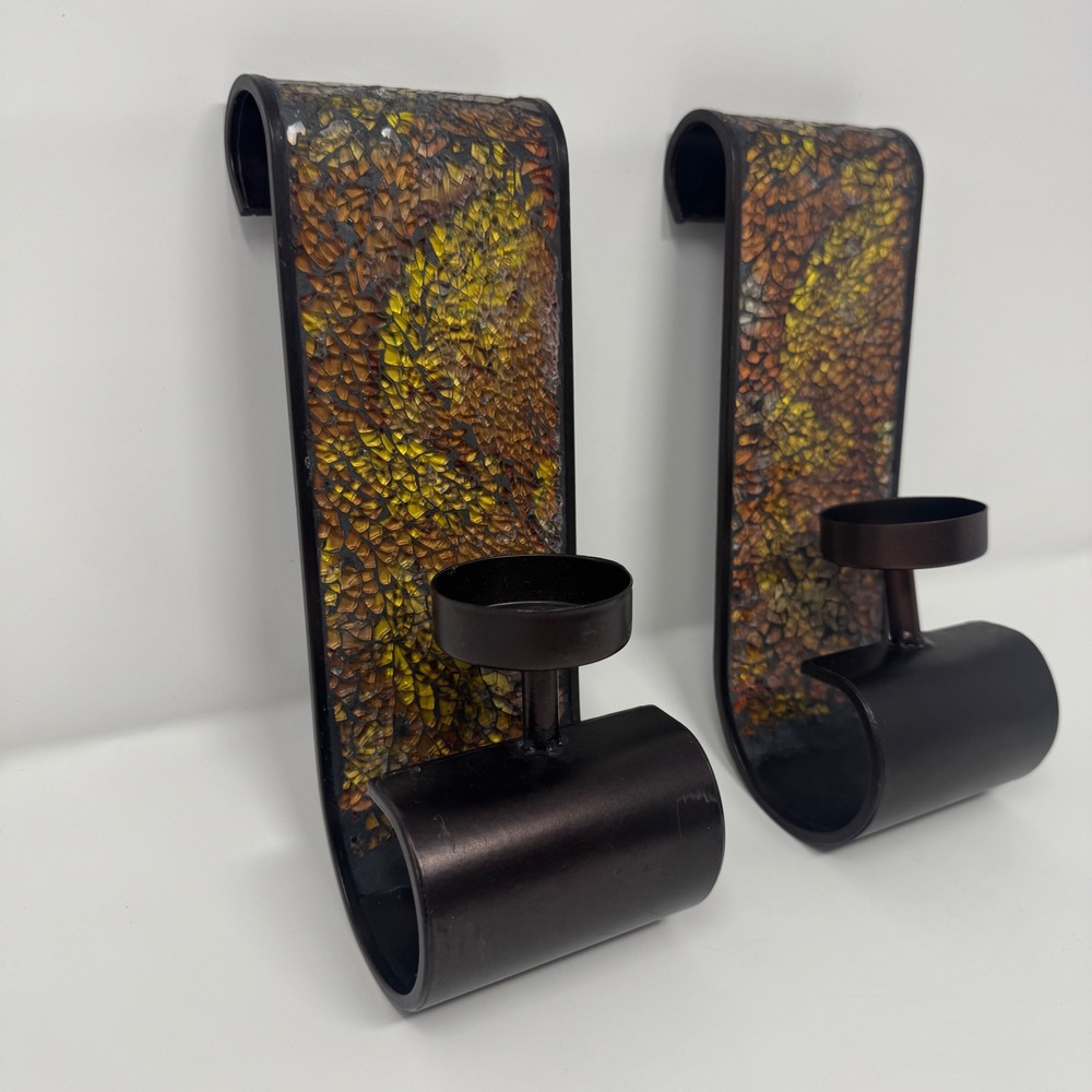 Wall‎ Candle Sconces Mosiac Glass Pair Stained Glass Brown Metal Set of 2
